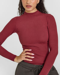 Mellow™ Rib Mock Neck Long Sleeve Top | Burnt Cherry