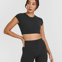 SoftMotionâ„¢ Short Sleeve Crop Top with White Logo | Soft Black
