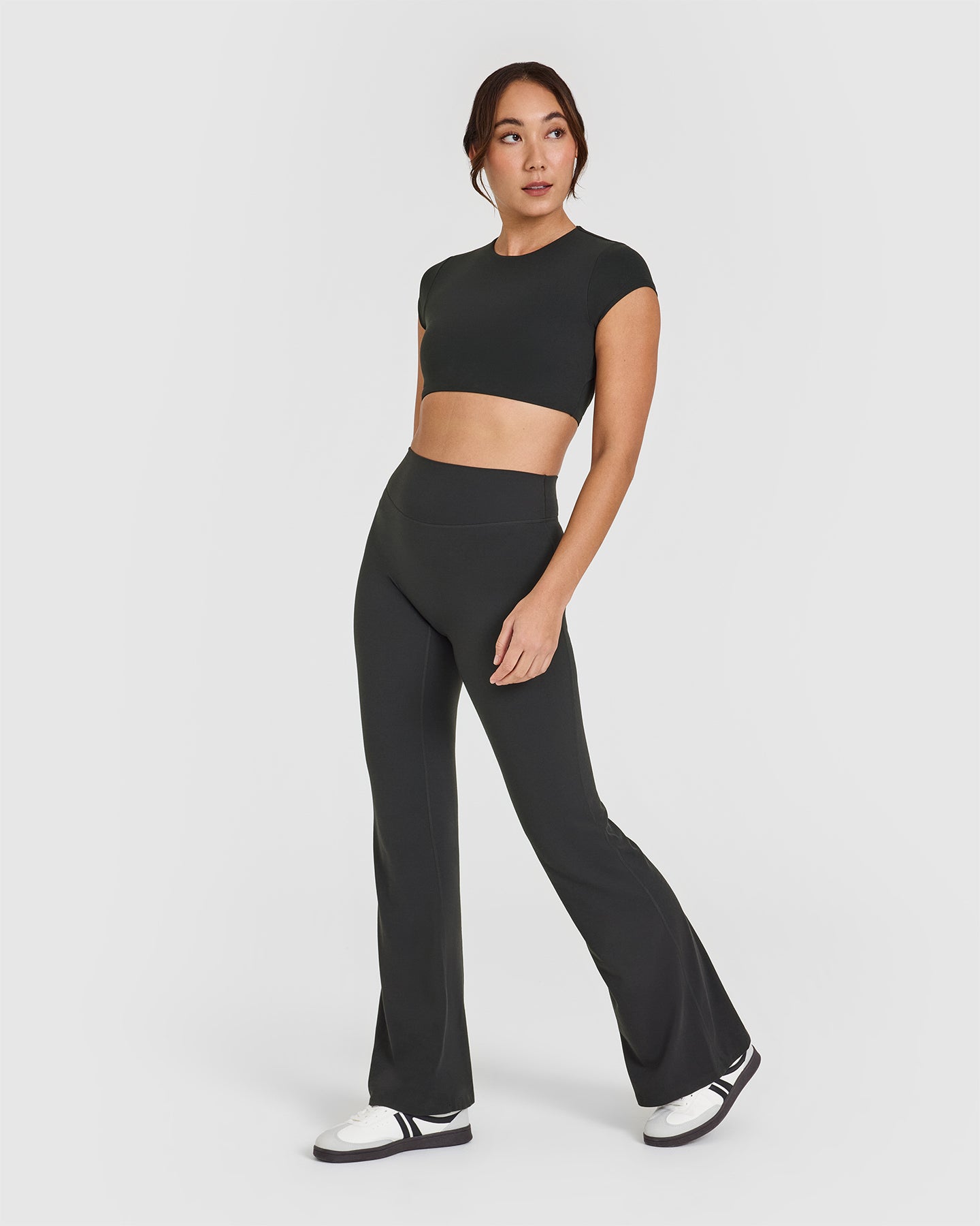 SoftMotionâ„¢ Short Sleeve Crop Top with White Logo | Soft Black