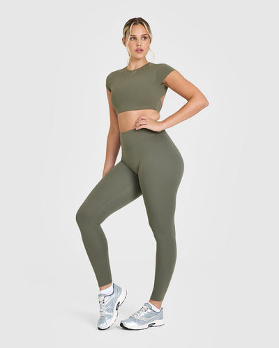 SoftMotionâ„¢ Leggings with White Logo | Alpine Green