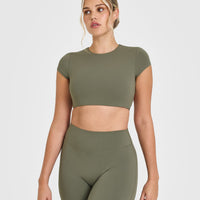 SoftMotionâ„¢ Short Sleeve Crop Top with White Logo | Alpine Green