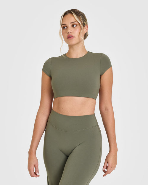 Oner Modal SoftMotionâ„¢ Short Sleeve Crop Top with White Logo | Alpine Green