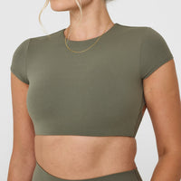 SoftMotionâ„¢ Short Sleeve Crop Top with White Logo | Alpine Green