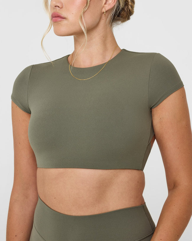 SoftMotionâ„¢ Short Sleeve Crop Top with White Logo | Alpine Green