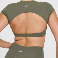 SoftMotionâ„¢ Short Sleeve Crop Top with White Logo | Alpine Green