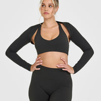 SoftMotionâ„¢ Long Sleeve Shrug with White Logo | Soft Black