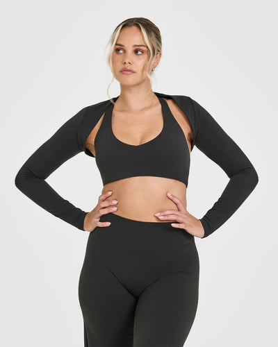 SoftMotionâ„¢ Long Sleeve Shrug with White Logo | Soft Black
