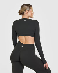 SoftMotionâ„¢ Long Sleeve Shrug with White Logo | Soft Black