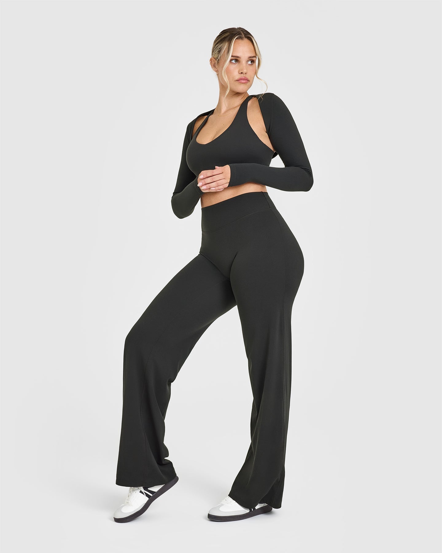 SoftMotionâ„¢ Long Sleeve Shrug with White Logo | Soft Black