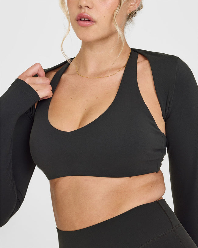 SoftMotionâ„¢ Long Sleeve Shrug with White Logo | Soft Black