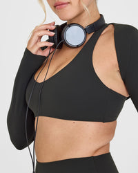SoftMotionâ„¢ Long Sleeve Shrug with White Logo | Soft Black