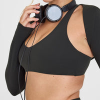 SoftMotionâ„¢ Long Sleeve Shrug with White Logo | Soft Black
