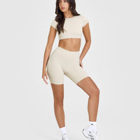 SoftMotionâ„¢ Cycling Shorts 8" with White Logo | Sand