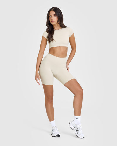 SoftMotionâ„¢ Cycling Shorts 8" with White Logo | Sand