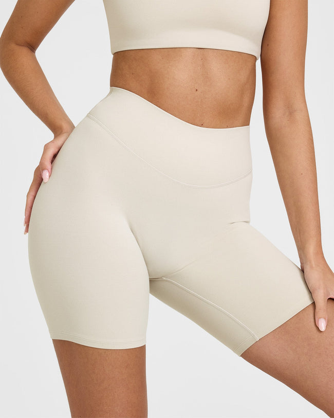 SoftMotionâ„¢ Cycling Shorts 8" with White Logo | Sand
