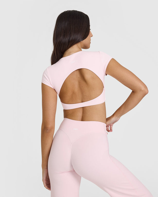 SoftMotionâ„¢ Short Sleeve Crop Top with White Logo | Ballet Pink