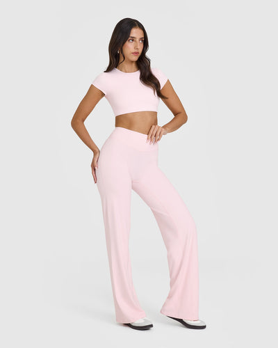 SoftMotionâ„¢ Short Sleeve Crop Top with White Logo | Ballet Pink