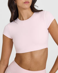 SoftMotionâ„¢ Short Sleeve Crop Top with White Logo | Ballet Pink