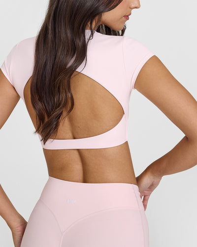 SoftMotionâ„¢ Short Sleeve Crop Top with White Logo | Ballet Pink