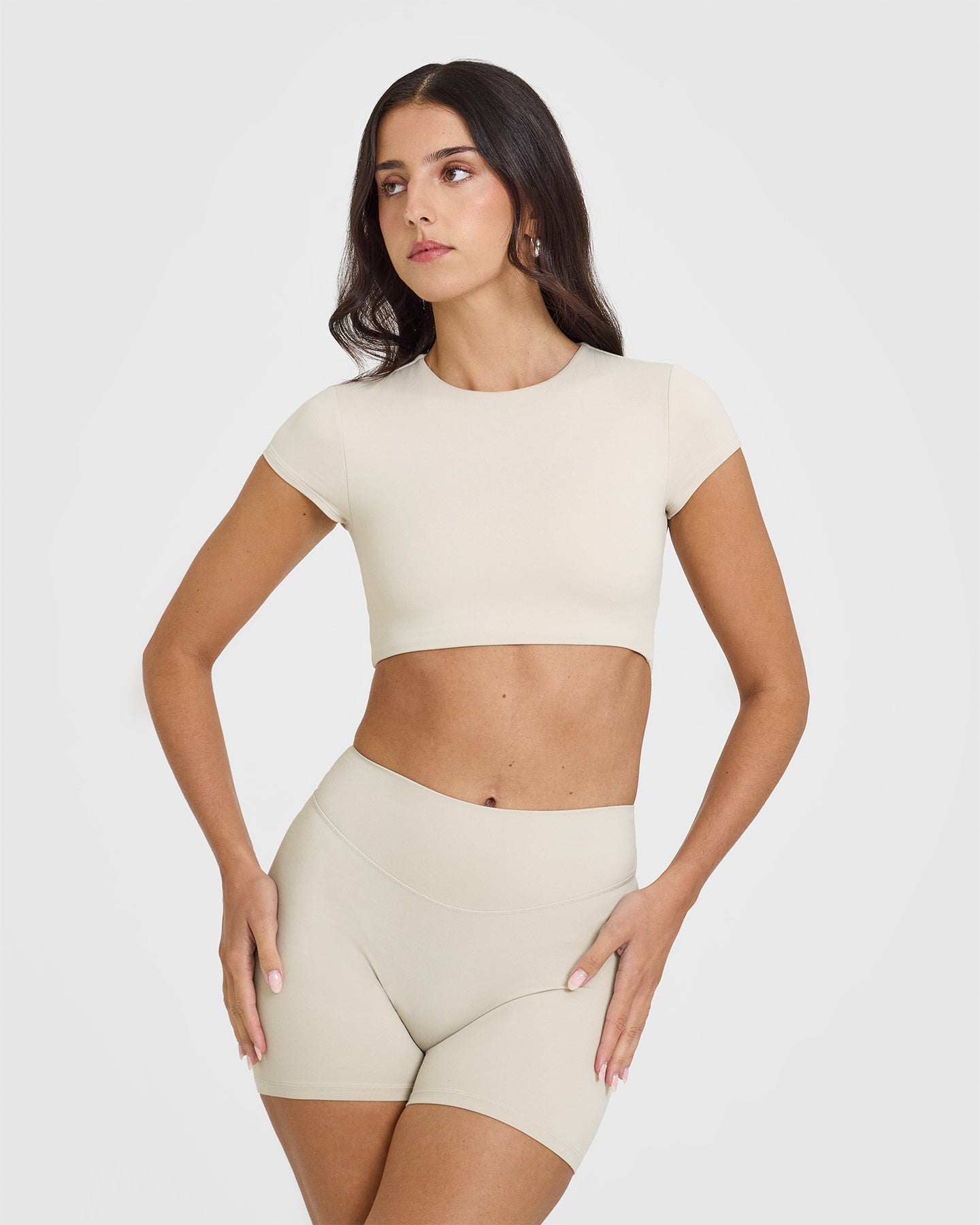 SoftMotionâ„¢ Short Sleeve Crop Top with White Logo | Sand