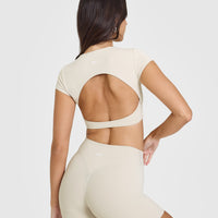 SoftMotionâ„¢ Short Sleeve Crop Top with White Logo | Sand