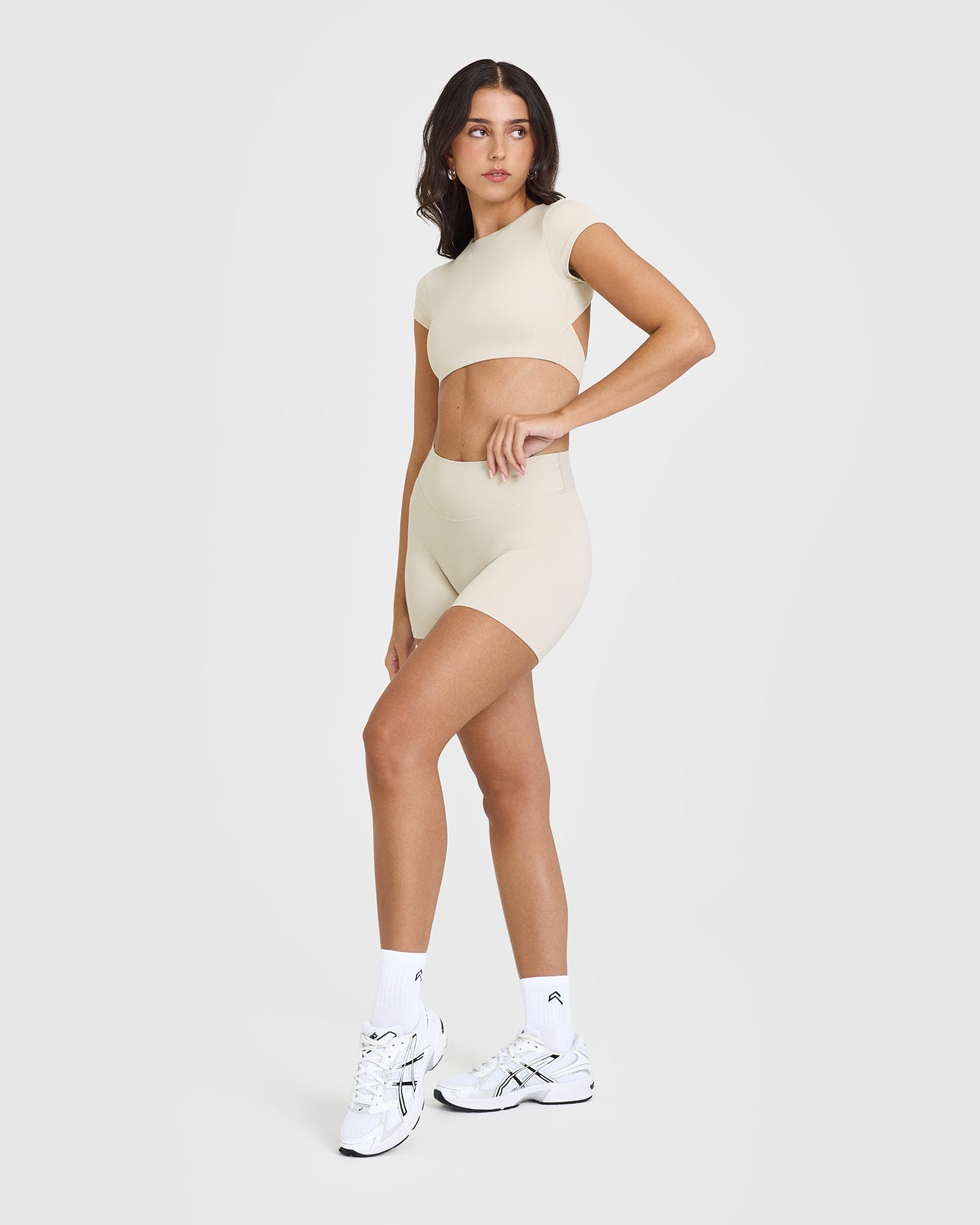 SoftMotionâ„¢ Short Sleeve Crop Top with White Logo | Sand