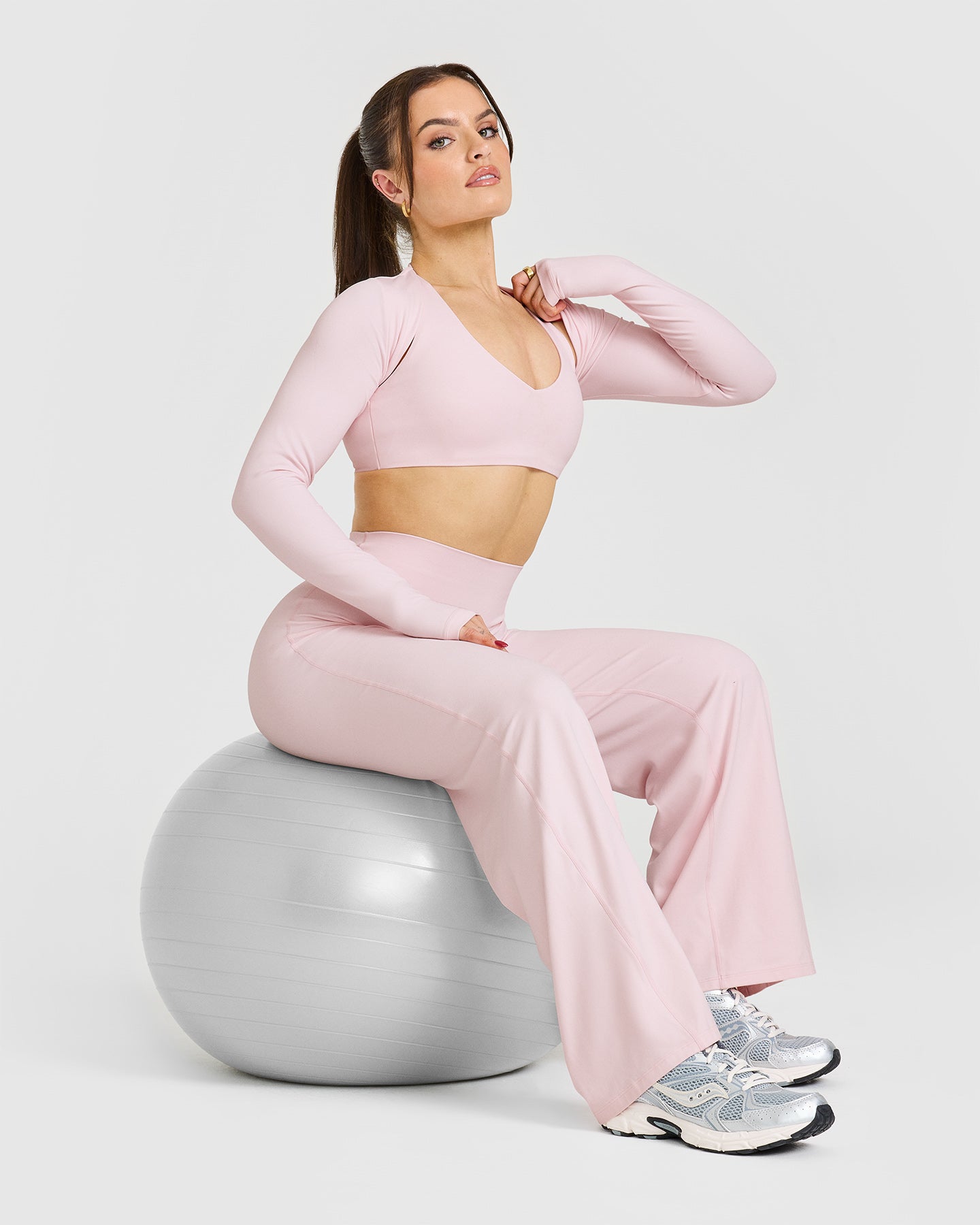 SoftMotionâ„¢ Long Sleeve Shrug with White Logo | Ballet Pink