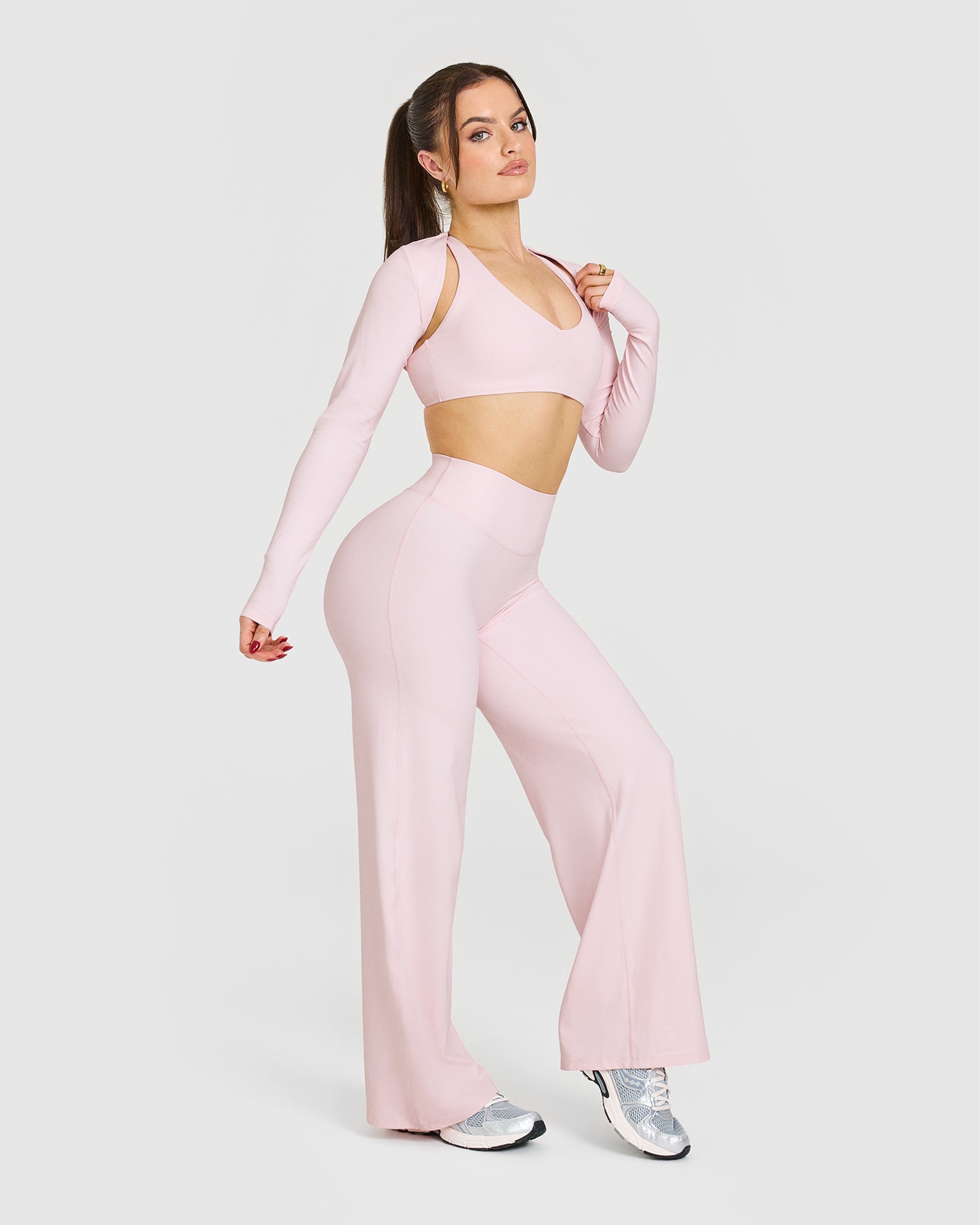 SoftMotionâ„¢ Long Sleeve Shrug with White Logo | Ballet Pink