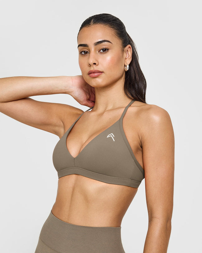 EasyLift™ Ultra Minimal V Neck Bralette with White Logo | Moss Brown