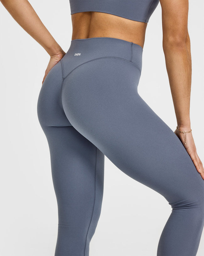 SoftMotionâ„¢ Leggings with White Logo | Granite Blue