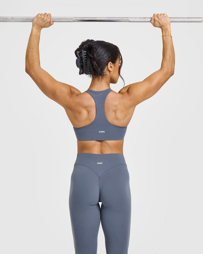 SoftMotionâ„¢ Leggings with White Logo | Granite Blue