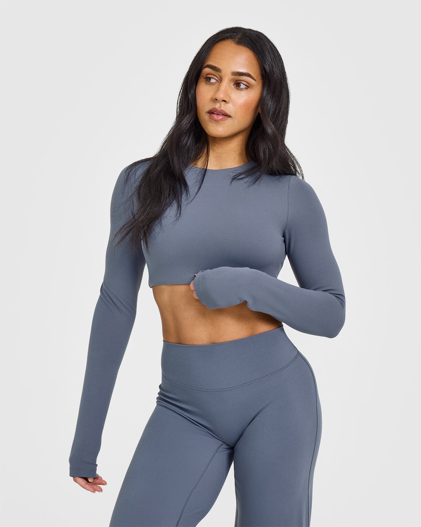 SoftMotionâ„¢ Long Sleeve Crop Top with White Logo | Granite Blue