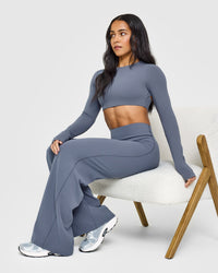 SoftMotionâ„¢ Long Sleeve Crop Top with White Logo | Granite Blue