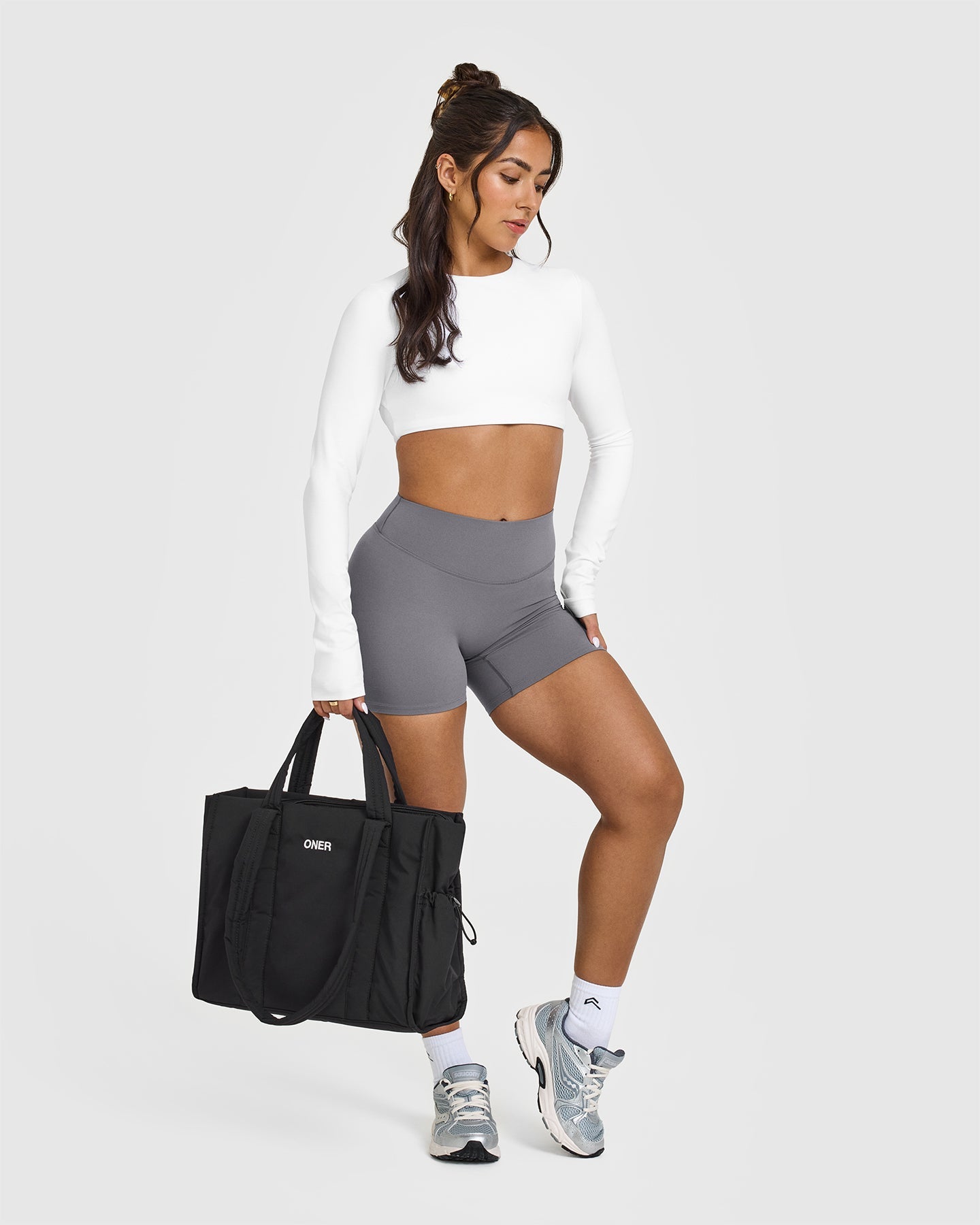 SoftMotionâ„¢ Long Sleeve Crop Top with White Logo | White