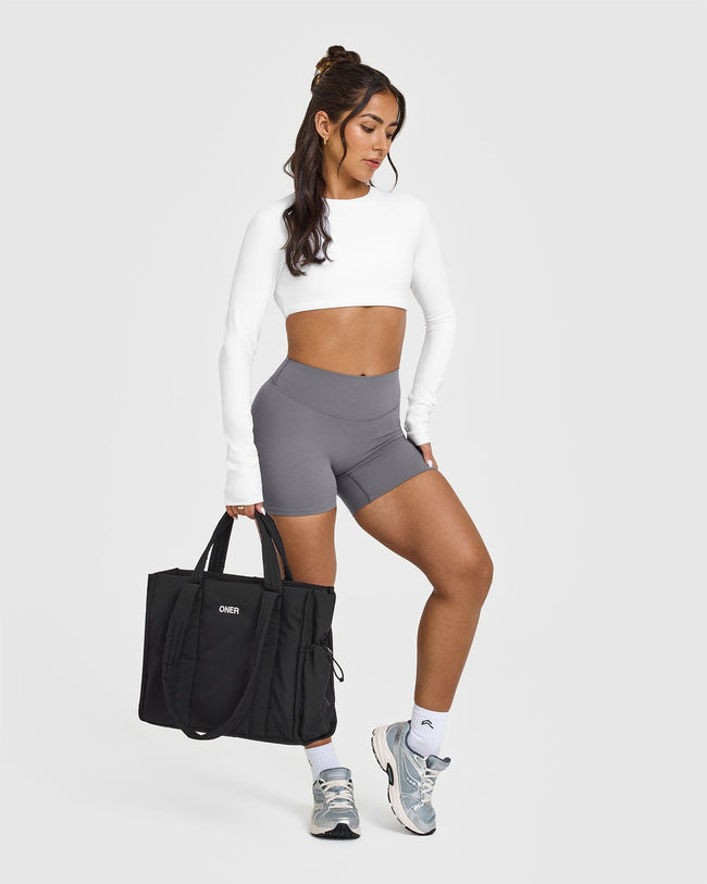 SoftMotionâ„¢ Long Sleeve Crop Top with White Logo | White