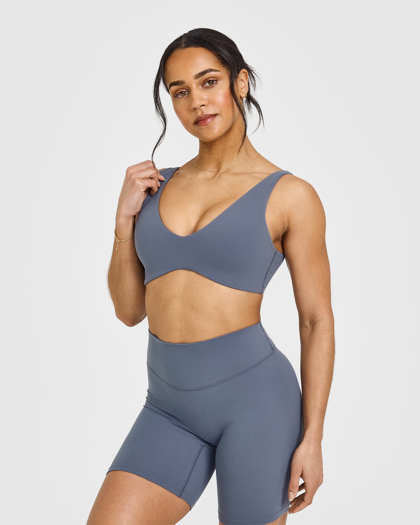 SoftMotionâ„¢ Scoop Back Bralette with White Logo | Granite Blue