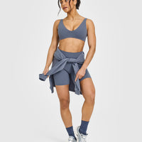 SoftMotionâ„¢ Scoop Back Bralette with White Logo | Granite Blue