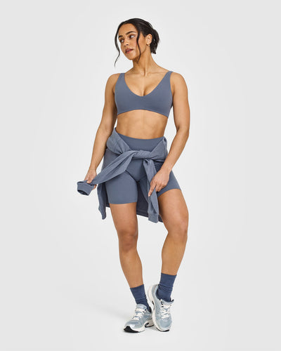 SoftMotionâ„¢ Scoop Back Bralette with White Logo | Granite Blue