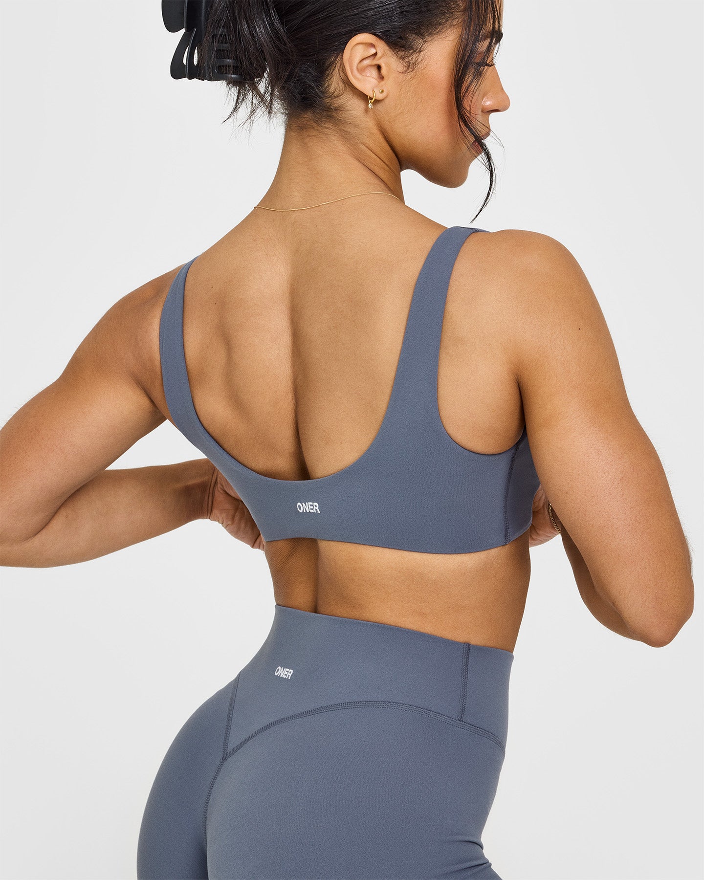 SoftMotionâ„¢ Scoop Back Bralette with White Logo | Granite Blue