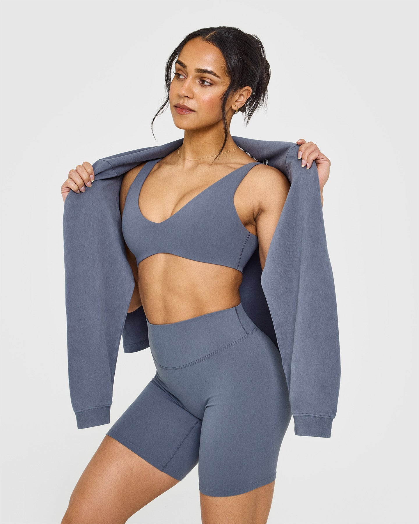 SoftMotionâ„¢ Scoop Back Bralette with White Logo | Granite Blue