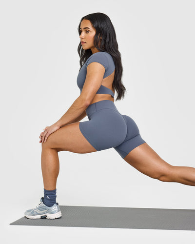 SoftMotionâ„¢ Shorts 6" with White Logo | Granite Blue