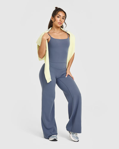 SoftMotionâ„¢ Straight Leg Bottoms with White Logo | Granite Blue