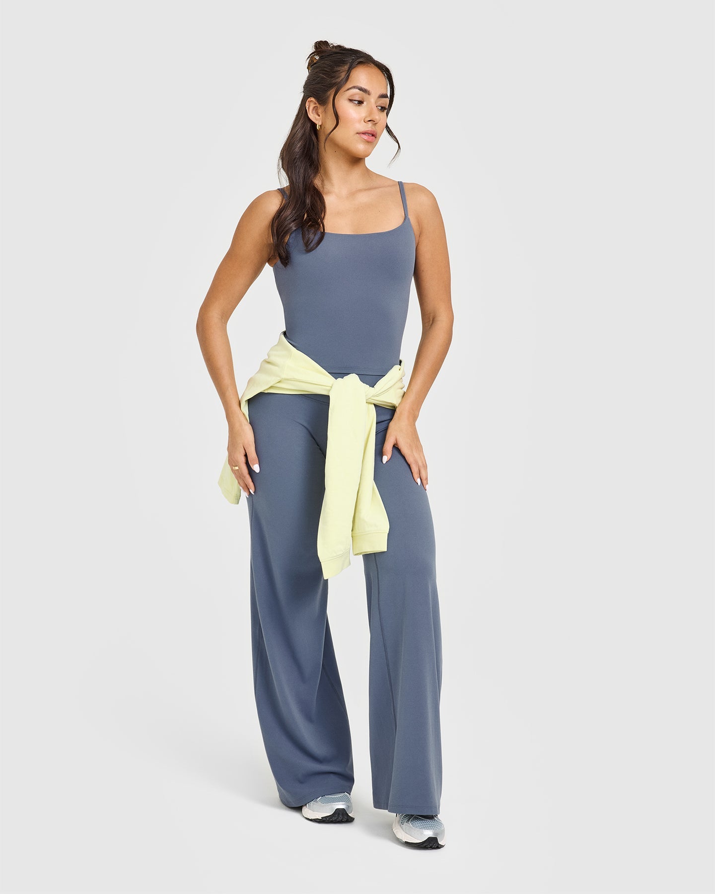 SoftMotionâ„¢ Strappy Mid Vest with Built in Bra Shelf with White Logo | Granite Blue
