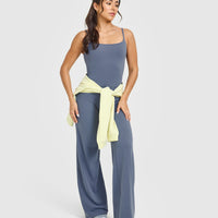 SoftMotionâ„¢ Strappy Mid Vest with Built in Bra Shelf with White Logo | Granite Blue