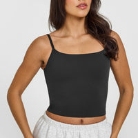 SoftMotion™ Strappy Mid Vest with Built in Bra Shelf with White Logo | Soft Black
