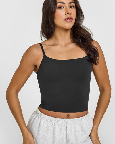SoftMotion™ Strappy Mid Vest with Built in Bra Shelf with White Logo | Soft Black