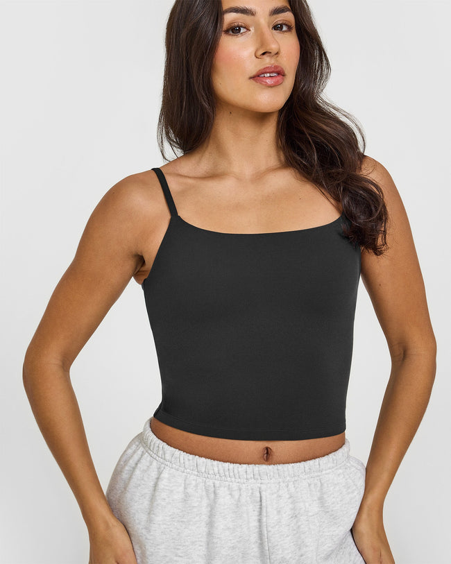 SoftMotion™ Strappy Mid Vest with Built in Bra Shelf with White Logo | Soft Black