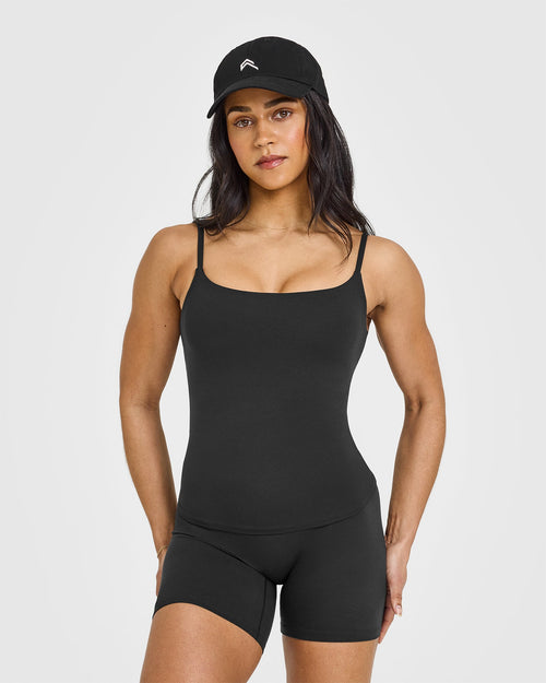 Oner Modal SoftMotionâ„¢ Strappy Vest with Built in Bra Shelf with White Logo | Soft Black