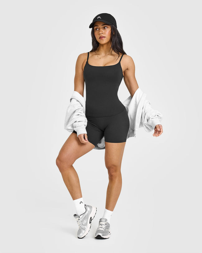 SoftMotionâ„¢ Strappy Vest with Built in Bra Shelf with White Logo | Soft Black