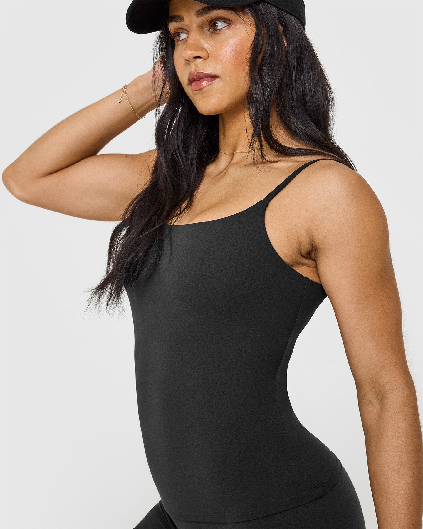SoftMotionâ„¢ Strappy Vest with Built in Bra Shelf with White Logo | Soft Black